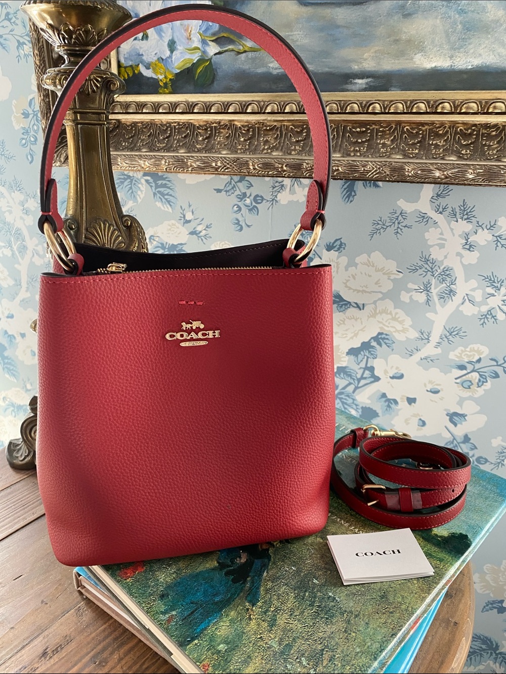 Coach Red Pebbled Leather Bucket Shoulder Bag with Gold Hardware